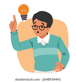 Nerd boy child cartoon character showcasing creative genius idea feeling inspired and motivated pointing finger up at glowing lightbulb lamp overhead bubble portrait design vector illustration
