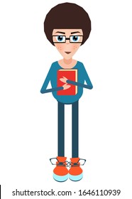 Niño nervioso de estilo plano. Un niño con el pelo rizado en gafas sosteniendo un libro. Un tipo lindo con jeans azules y un suéter. Estudiante con hermosas zapatillas rojas. Personaje para libro, diseño y web infantil.