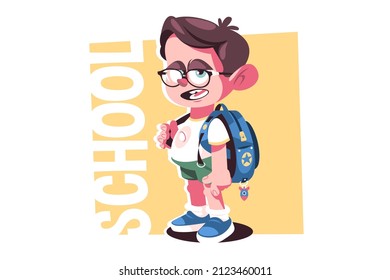 Nerd boy in glasses vector illustration. Nerd kid with school bag flat style concept. Back to school and education idea. Geek schoolboy. Isolated on white