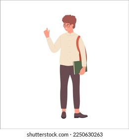 Nerd boy with pointing finger. Warning gesture of geeky student vector illustration