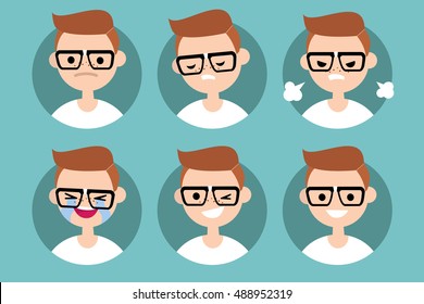 Nerd boy profile pics / Set of flat vector portraits: upset, offended, angry, laughing, winking, smiling