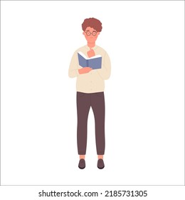 Nerd boy reading a book. Geek teenager learning and studying vector illustration