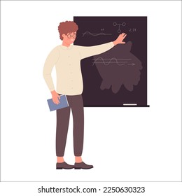 Nerd boy at school blackboard. Geek student teenager presenting pose vector illustration