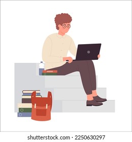 Nerd boy sitting on stairs with laptop. Geeky teenager learning outside vector illustration