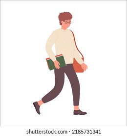 Nerd boy student in a rush. Geek teenager student being late vector illustration