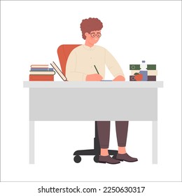Nerd boy writing at school table. Sitting geeky teenager at class desk vector illustration