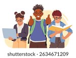 Nerd children cartoon characters using book and laptop computer for study enjoying school education sharing positive mood and inspiration approving cognition achievement bubble vector illustration