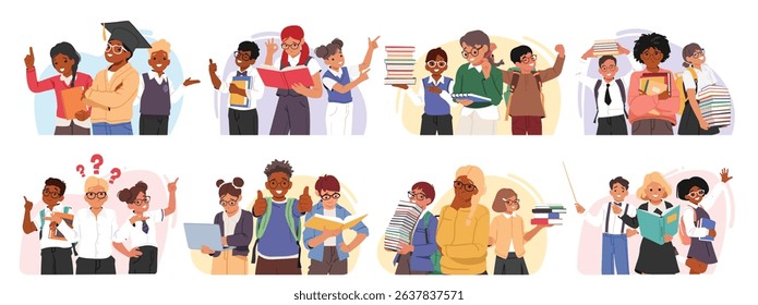 Nerd children schoolboys and schoolgirls characters cartoon bubble isolated set on white. Clever teenage students and little pupils feeling inspiration in education routine vector illustration