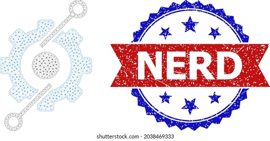 Nerd dirty stamp, and control center gear icon triangular model. Red and blue bicolor stamp has Nerd text inside ribbon and rosette. Abstract flat mesh control center gear, designed with flat mesh.