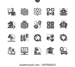 Nerd. Education, Science, Technology, Smart, Young Genius. Computer Training. Learning Information. Generating Ideas. Math, Astronomy, Chemistry And Biology. Vector Solid Icons. Simple Pictogram