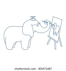 Nerd elephant painter vector line illustration