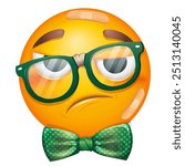 Nerd emoji with bow tie on white background. Emoticon with broken glasses and medical plaster. Cute emoticon 