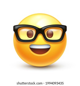 Nerd emoji. Emoticon with transparent glasses, funny yellow face with black-rimmed eyeglasses and open teeth smile 3D stylized vector icon