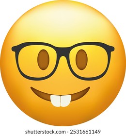 Nerd emoji. Emoticon with transparent glasses, funny yellow face with black-rimmed eyeglasses.