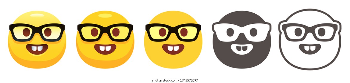 Nerd emoji. Cara amarilla divertida con anteojos de borde negro y dientes de pellizco grande. Conjunto de iconos de vector plano de emoticono de Nerd