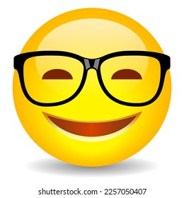 Nerd emoji with glasses, vector cartoon isolated on white background, happy smiling nerd face