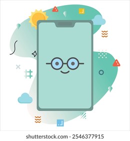 Nerd Emoji em uma tela de Smartphone: Design de Ilustração Moderna com um toque criativo de elementos geométricos coloridos | Design de ícone de Emoji Nerd na tela do Smartphone