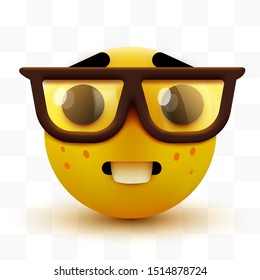 Nerd face emoji, clever emoticon with glasses. Geek or student. Vector illustration