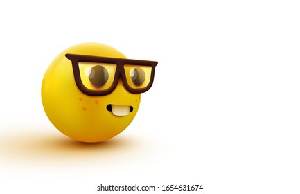 Nerd facial emoji, astuto emoticono con gafas. Geek o estudiante. Ilustración del vector