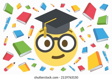 nerd face emoji with graduation cap amid books,pencil and pen pattern on a white background,vector illustration
