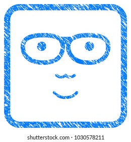 Nerd Face rubber seal stamp imitation. Icon vector symbol with grunge design and unclean texture in rounded square. Scratched blue sign on a white background.