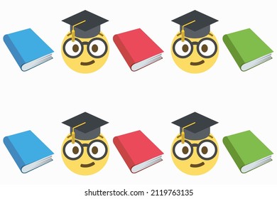 nerd faces emoji with graduation cap and colored books,pattern on a white background copy space,vector illustration
