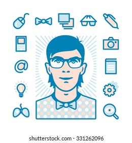 Nerd with Fat Line Icons for web and mobile. Modern minimalistic flat design elements of geeks things and conception of mind shake