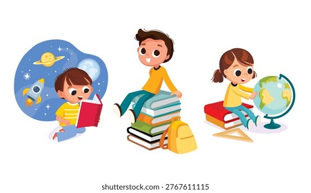 Nerd Geek Brainiac learning studying a lot. Kids, children who love to read absorbed, lost in their books. Boy sitting on piles of books. Little girl looking at the globe. Scholar freshman sorint