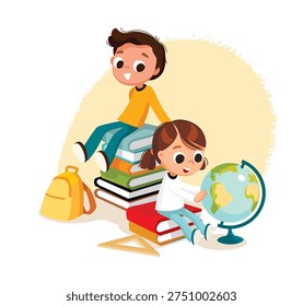 Nerd Geek Brainiac who learning studying a lot. Boy sitting on piles of books. Little girl looking at the globe. Scholar  freshman  sophomore having rest after doing study learning. Back to school.