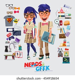 Nerd and Geek character design. male and female with graphic element - vector illustration