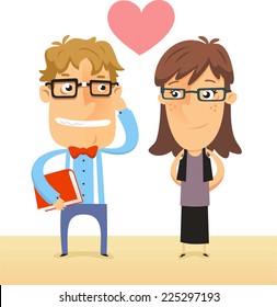 Nerd and Geek couple in love both with thick rimmed glasses vector illustration.