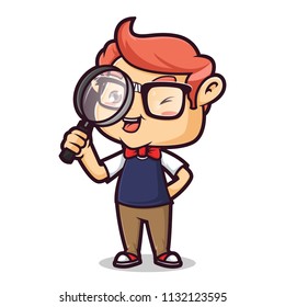 Nerd geek holding magnifying glass