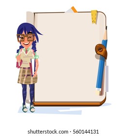 nerd girl with blank notebook for presentation - vector illustration