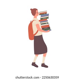 Nerd girl carrying pile of books. Female geek student with study materials vector illustration