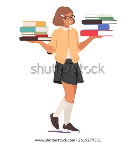 Nerd girl cartoon character in eyeglasses wearing uniform carrying two stacks of books to prepare homework or school exam isolated on white background. Smart female kid bookworm vector illustration