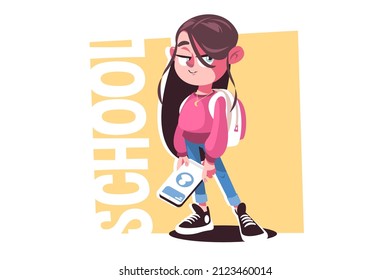 Nerd girl with gadget vector illustration. Schoolgirl with smartphone and school bag flat style concept. Welcome back to school and education idea. Isolated on white