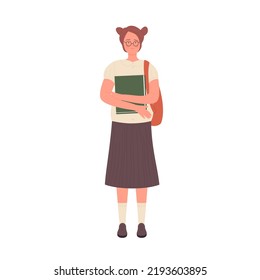 Nerd girl holding study material. Geek female student with school book vector illustration