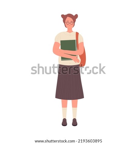 Nerd girl holding study material. Geek female student with school book vector illustration