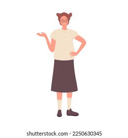 Nerd girl in presenting pose. Geek woman student smiling greeting vector illustration