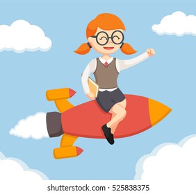 nerd girl sit on rocket and flying