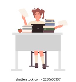 Niña nerviosa estudiando en la computadora. Adolescente geek sentada en la mesa con ilustraciones vectoriales de libros