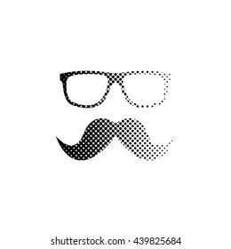 Nerd glasses and mustaches - black vector icon;  halftone illustration