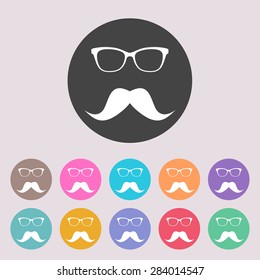 Nerd glasses and mustaches. Set of colored icons.