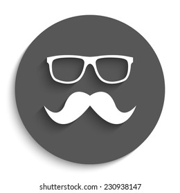 Nerd glasses and mustaches  - vector icon with shadow on a round grey button