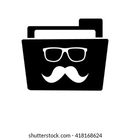Nerd glasses and mustaches - white vector icon;  black folder