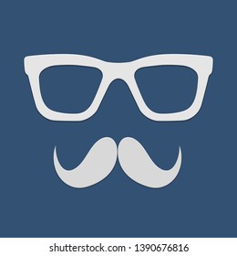 Nerd glasses and mustaches.Grey isolated illustration on blue background with shadow. Paper art style