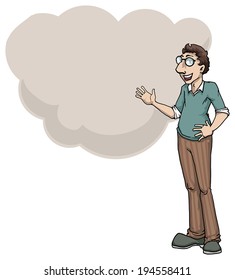 Nerd with glasses, talking, speech bubble, vector illustration