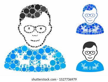 Nerd guy composition of round dots in various sizes and color tinges, based on nerd guy icon. Vector dots are united into blue mosaic. Dotted nerd guy icon in usual and blue versions.