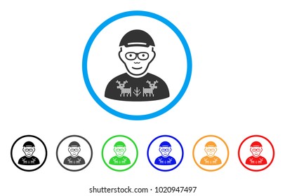 Nerd Guy rounded icon. Style is a flat nerd guy gray symbol inside light blue circle with black, gray, green, blue, red, orange variants. Cheerful nerd guy vector pictograph.