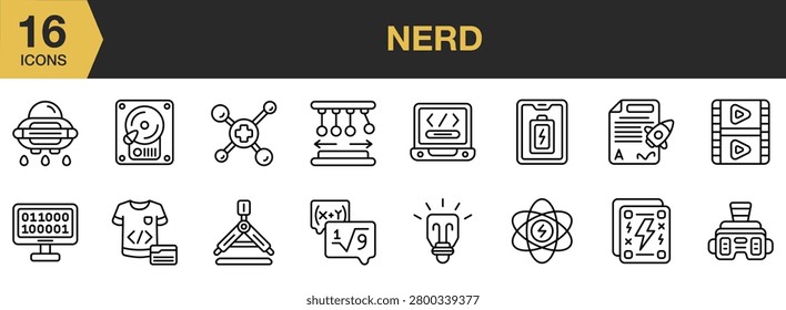 Nerd icon set. Includes glasses, computers, books, science tools, gaming items, geek culture and More. Outline icons vector collection.